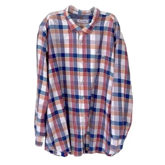 Tommy Bahama Men's Big & Tall 2XB Pure Coral Mendocino Button Front Plaid Shirt - Picture 2 of 9